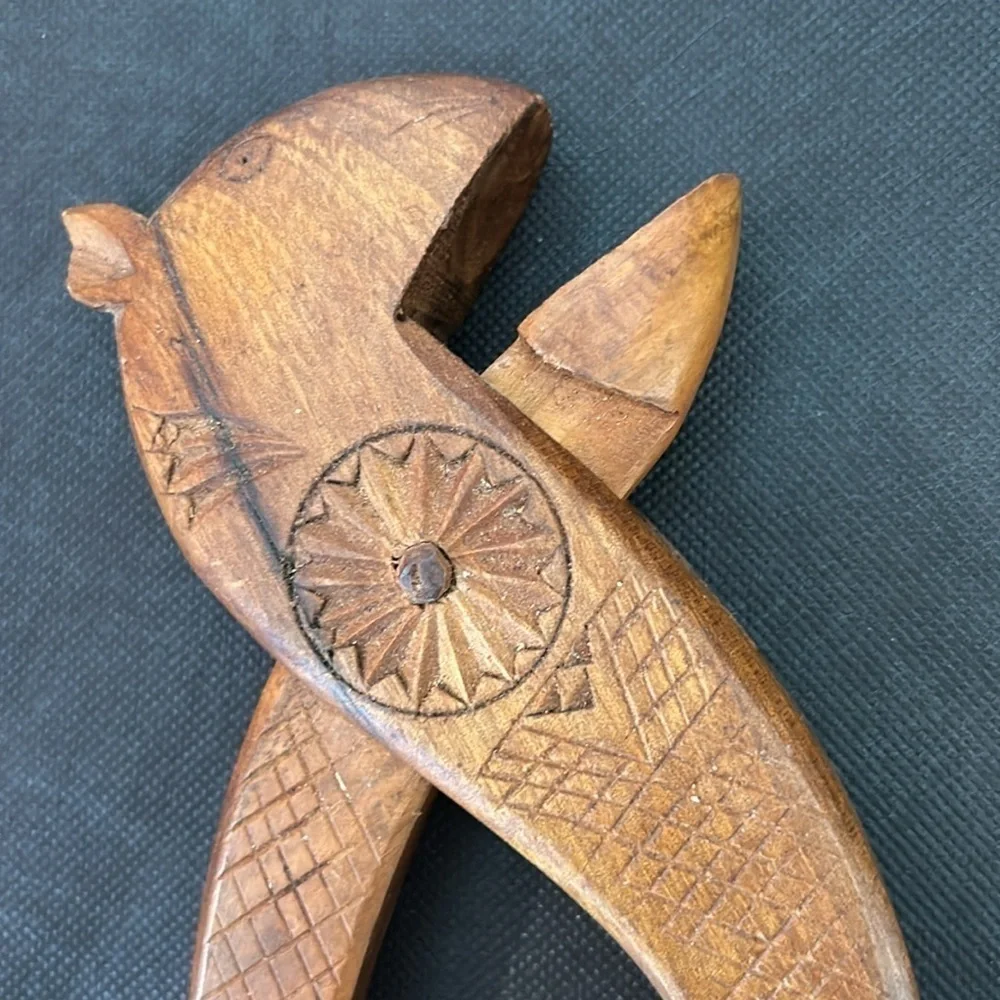 Vintage hand Carved Squirrel Wooden Nut Cracker Plier Design Detailed Folk art